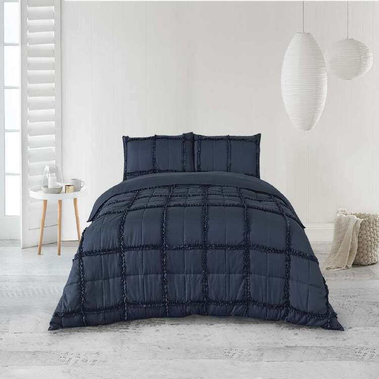 KOO Ginny Ruffle Quilted Quilt Cover Set Navy King