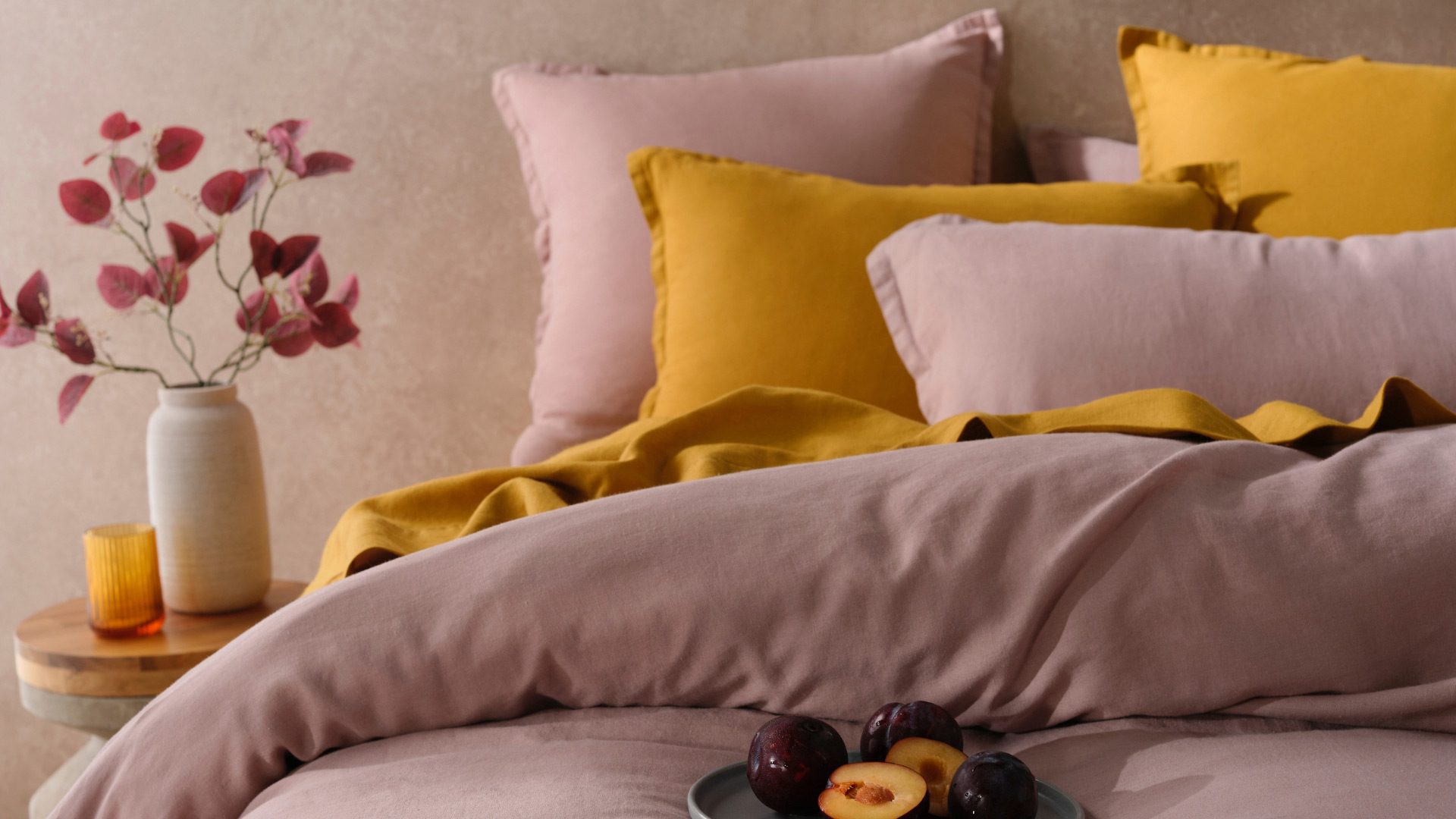 KOO bed sheets and quilt cover set in dusty pink and mustard yellow